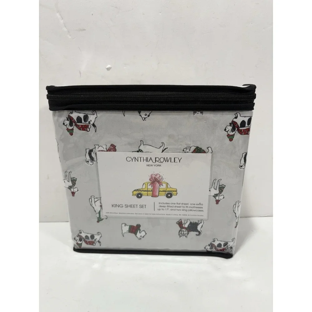 Cynthia Rowley Christmas Dog KING Sheet‎ Set Holiday Winter Sweater Scarf XDeep